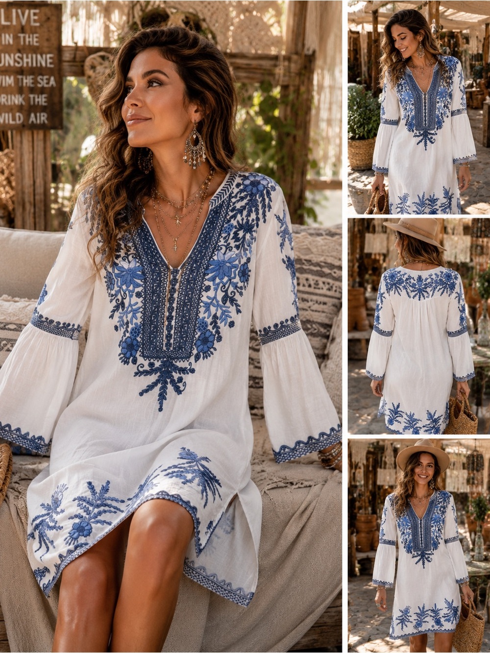 Johnny Was- White Boho Embroidered V-Neck Dress with Blue Floral Detailing